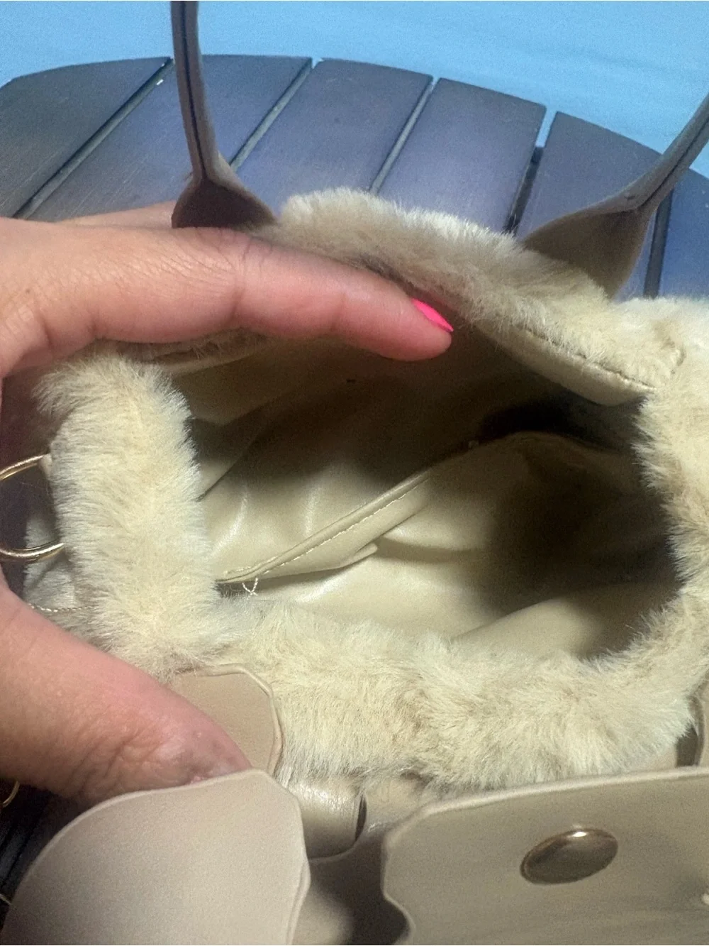 Kids Cream Faux Fur Smiley Handbag
